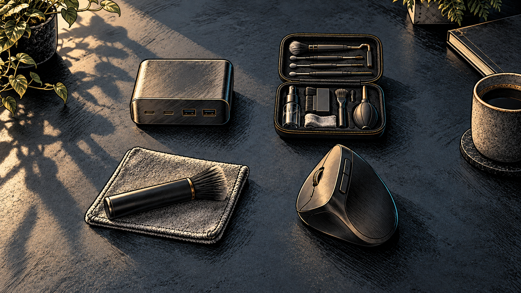 An ink illustration of The Operator’s desk tools