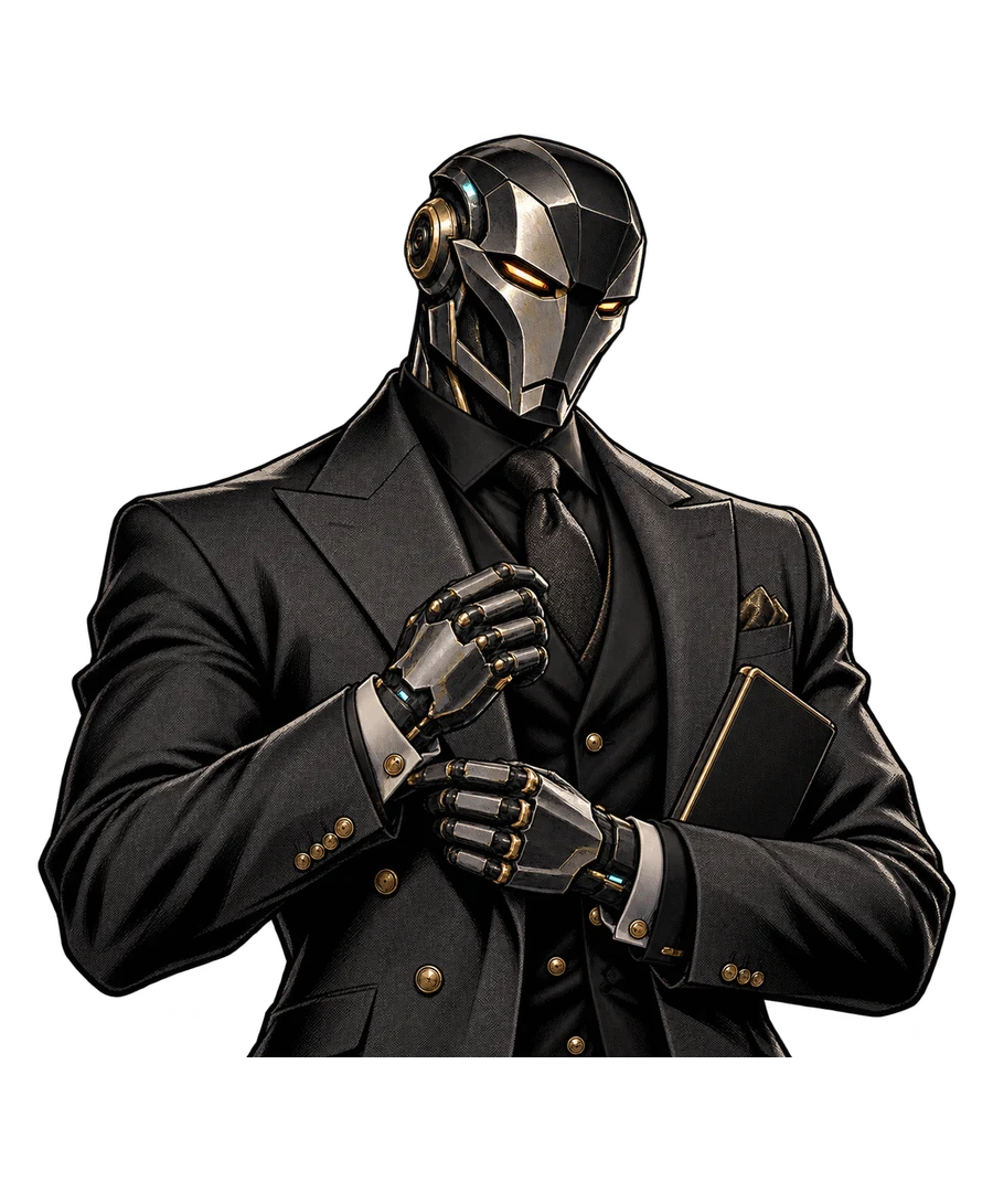 The Operator, a masked tech gentleman in a dark tailored suit