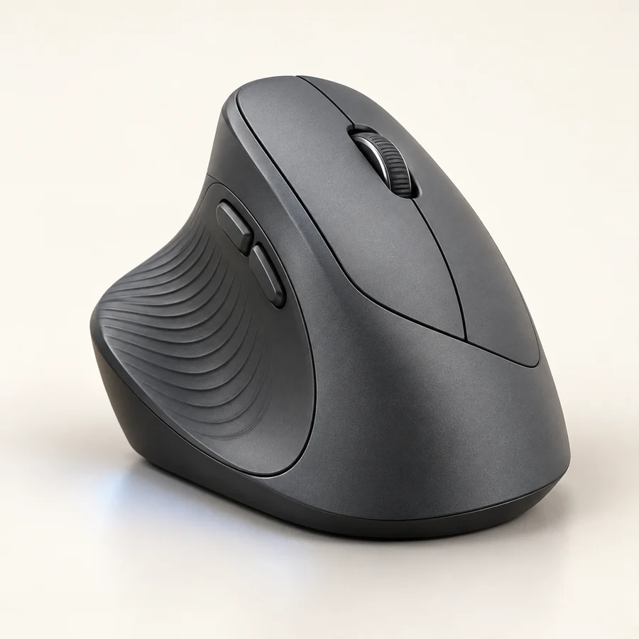 AI-generated concept illustration for Logitech Lift Vertical Ergonomic Wireless Mouse, graphite; visual reference, not an exact product photograph